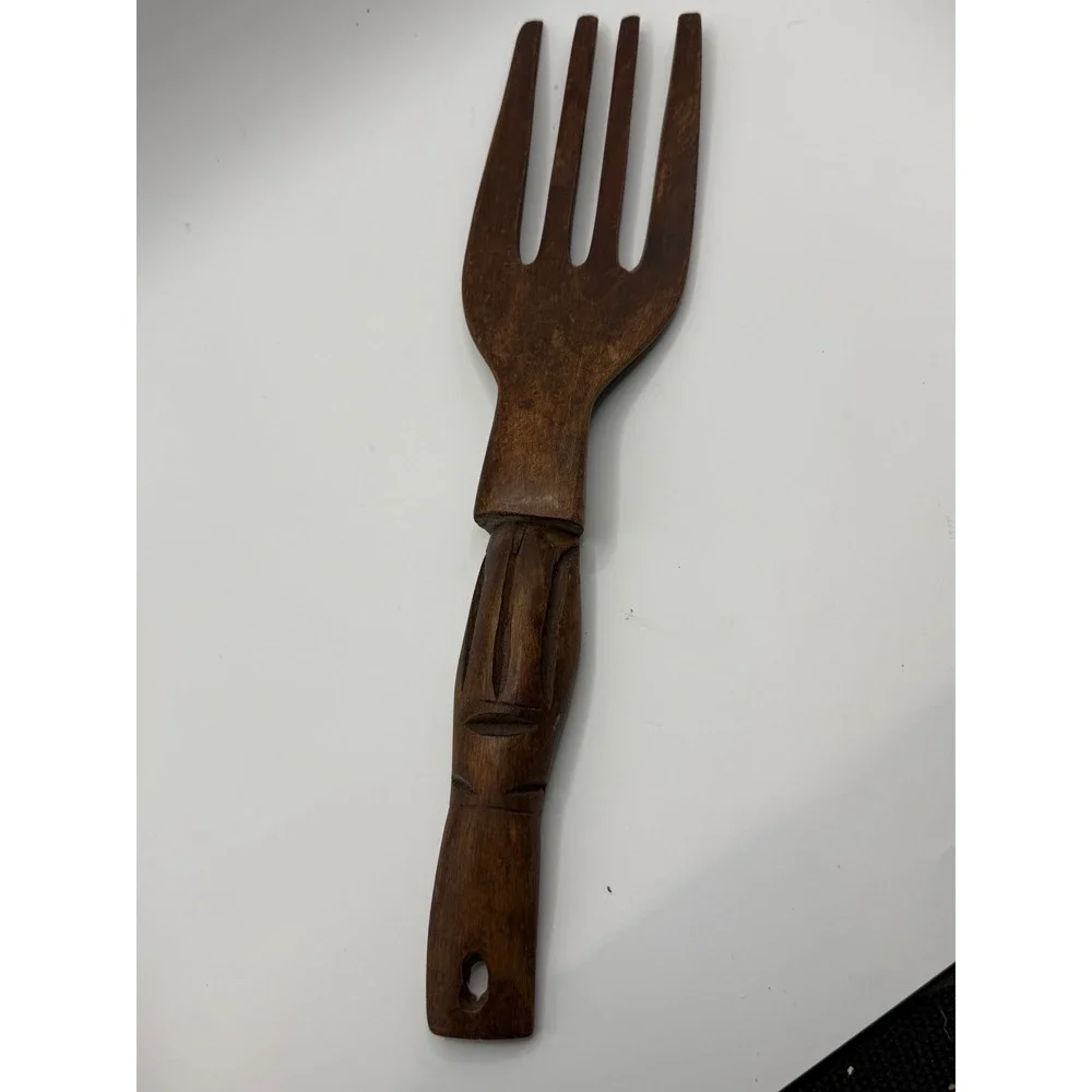 Vtg Hand Carved Wood Kitchen Wall Decor Set Fork Spoon Philippines Tribal